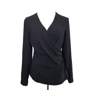 Escada Faux Wrap Drape V Neck Long Sleeve Fitted Blouse Top Black 36 US 6